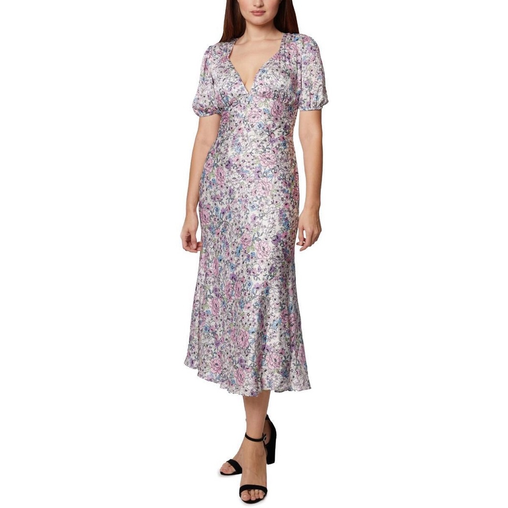 BCBGeneration Floral Print Pastel Empire A-Line Puff Sleeve V-Neck Midi Dress